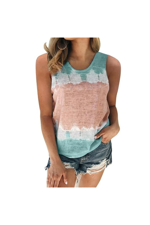Womens Summer Sleeveless Tank Tops, Crew-Neck Cotton Loose Fit Tunic Side Split Tshirt, Color Block Tie-Dye Casual Tanks Blouse, Vests Tops, Tees & Blouses S-5XL for Girls