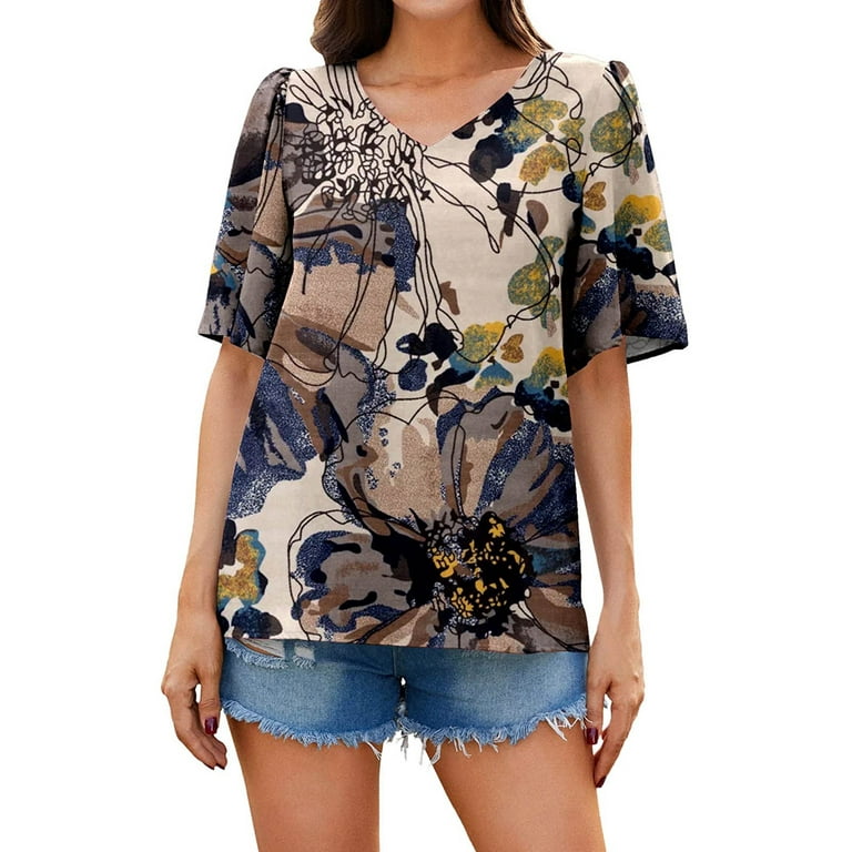 QLEICOM Womens Summer Tops Oversized T-shirts Floral Print Chiffon s Short  Sleeve V Neck Tunic Casual Loose Tunic Tank Tops Women Shirts Blouses Khaki