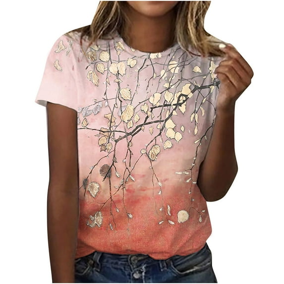 QLEICOM Womens Summer Tops Oversized T-shirts Floral Print Crewneck Printed Short Sleeve Casual Loose Tunic Tank Tops Women Shirts Blouses Orange S