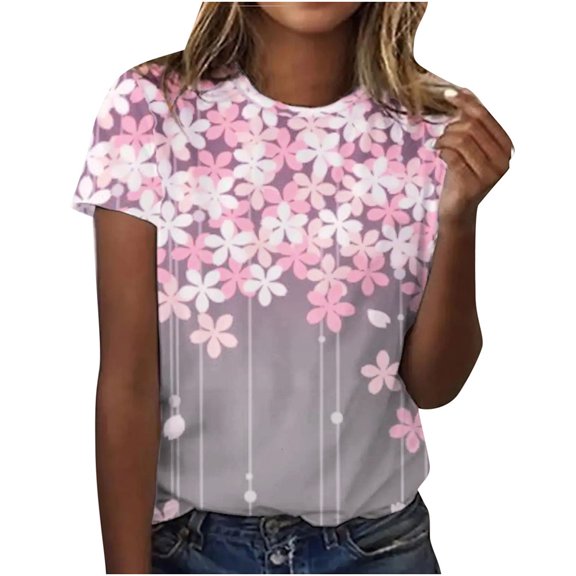 QLEICOM Womens Summer Tops Oversized T-shirts Floral Print Crewneck Printed Short Sleeve Casual Loose Tunic Tank Tops Women Shirts Blouses Pink L