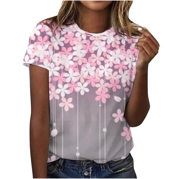 QLEICOM Womens Summer Tops Oversized T-shirts Floral Print Crewneck Printed Short Sleeve Casual Loose Tunic Tank Tops Women Shirts Blouses Pink XXL