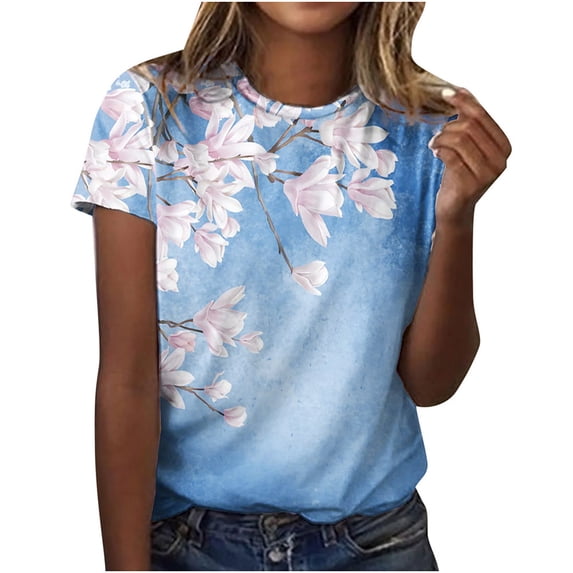 QLEICOM Womens Summer Tops Oversized T-shirts Floral Print Crewneck Printed Short Sleeve Casual Loose Tunic Tank Tops Women Shirts Blouses Sky Blue M