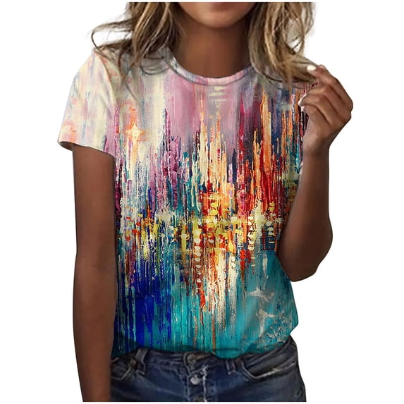 QLEICOM Womens Summer Tops Oversized T-shirts Floral Print Crewneck Printed Short Sleeve Casual Loose Tunic Tank Tops Women Shirts Blouses Multicolor S