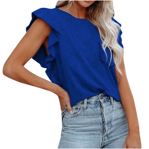 QLEICOM Womens Summer Tops Oversized T-shirts Round Neck Double Layer Ruffle Pocket Short Sleeve Casual Loose Tunic Tank Tops Women Shirts Blouses Blue S
