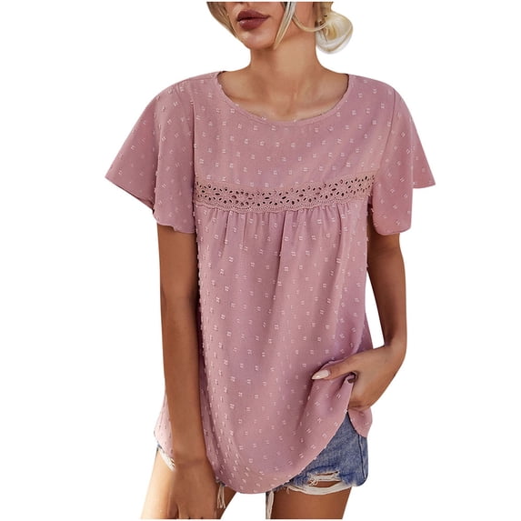 QLEICOM Womens Summer Tops Oversized T-shirts Round Neck Short Ruffle Sleeve Solid Color Casual Loose Tunic Tank Tops Women Shirts Blouses Pink S
