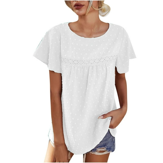 QLEICOM Womens Summer Tops Oversized T-shirts Round Neck Short Ruffle Sleeve Solid Color Casual Loose Tunic Tank Tops Women Shirts Blouses White M