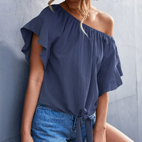 QLEICOM Womens Summer Tops Oversized T-shirts Ruffles Round Neck Solid Color Short Sleeve Lacing Classic Casual Loose Tunic Tank Tops Women Shirts Blouses Navy L