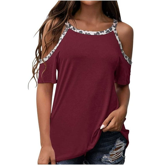 QLEICOM Womens Summer Tops Oversized T-shirts Short Sleeve Cold Shoulder Round Neck Casual Loose Tunic Tank Tops Women Shirts Blouses Red M