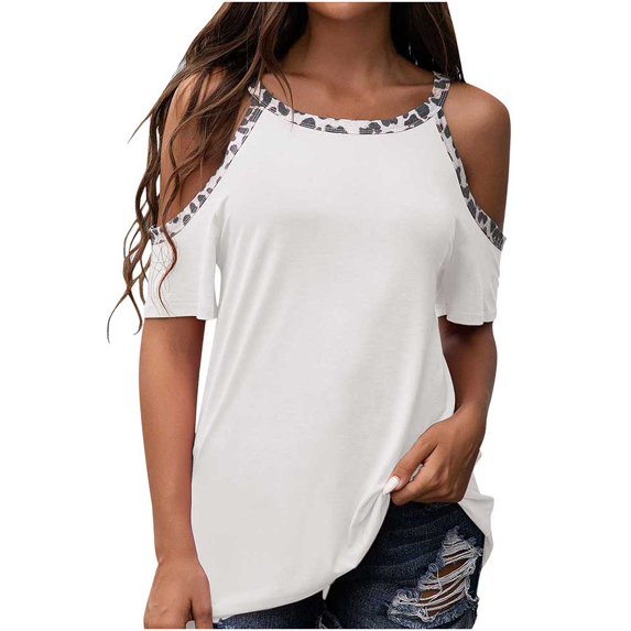 QLEICOM Womens Summer Tops Oversized T-shirts Short Sleeve Cold Shoulder Round Neck Casual Loose Tunic Tank Tops Women Shirts Blouses White S