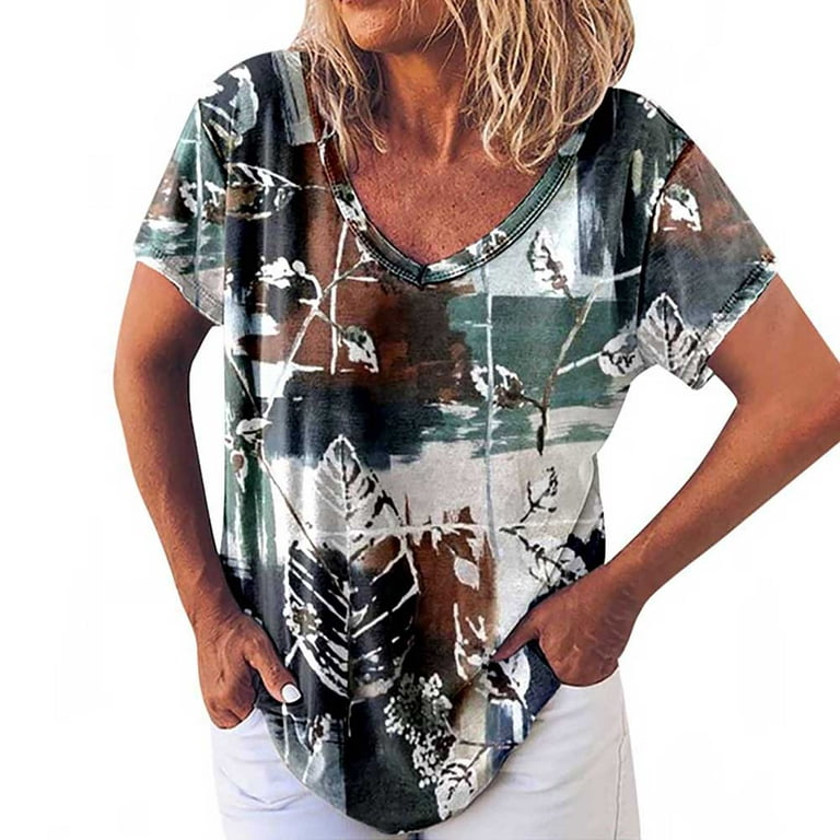 QLEICOM Womens Summer Tops Oversized T-shirts Short Sleeve Print V