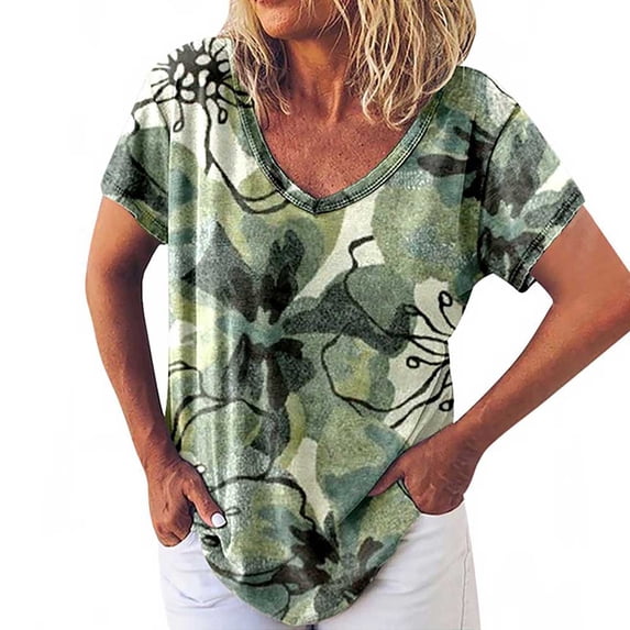 QLEICOM Womens Summer Tops Oversized T-shirts Short Sleeve Print V-Neck Casual Loose Tunic Tank Tops Women Shirts Blouses Green M