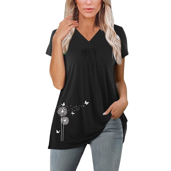 QLEICOM Womens Summer Tops Oversized T-shirts Short Sleeve Print V-Neck Pleated Casual Loose Tunic Tank Tops Women Shirts Blouses Black S