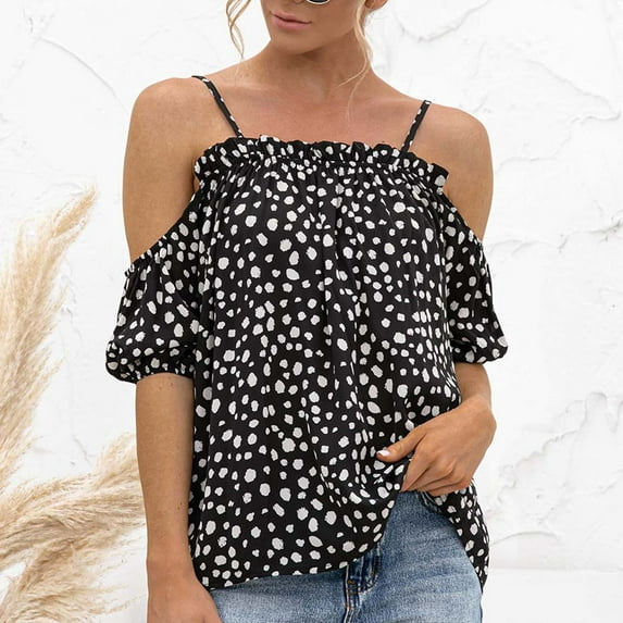 QLEICOM Womens Summer Tops Oversized T-shirts Sling Off-the-shoulder Ruffled Polka-dot Casual Loose Tunic Tank Tops Women Shirts Blouses Black M