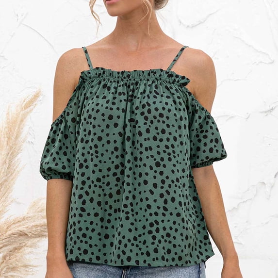 QLEICOM Womens Summer Tops Oversized T-shirts Sling Off-the-shoulder Ruffled Polka-dot Casual Loose Tunic Tank Tops Women Shirts Blouses Green L