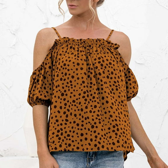 QLEICOM Womens Summer Tops Oversized T-shirts Sling Off-the-shoulder Ruffled Polka-dot Casual Loose Tunic Tank Tops Women Shirts Blouses Yellow M