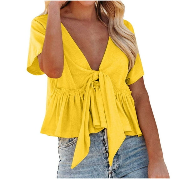 QLEICOM Womens Summer Tops Oversized T-shirts Solid Color Short Sleeve V Neck s Ruffle Hem Tie Front Crop Casual Loose Tunic Tank Tops Women Shirts Blouses Yellow XXL