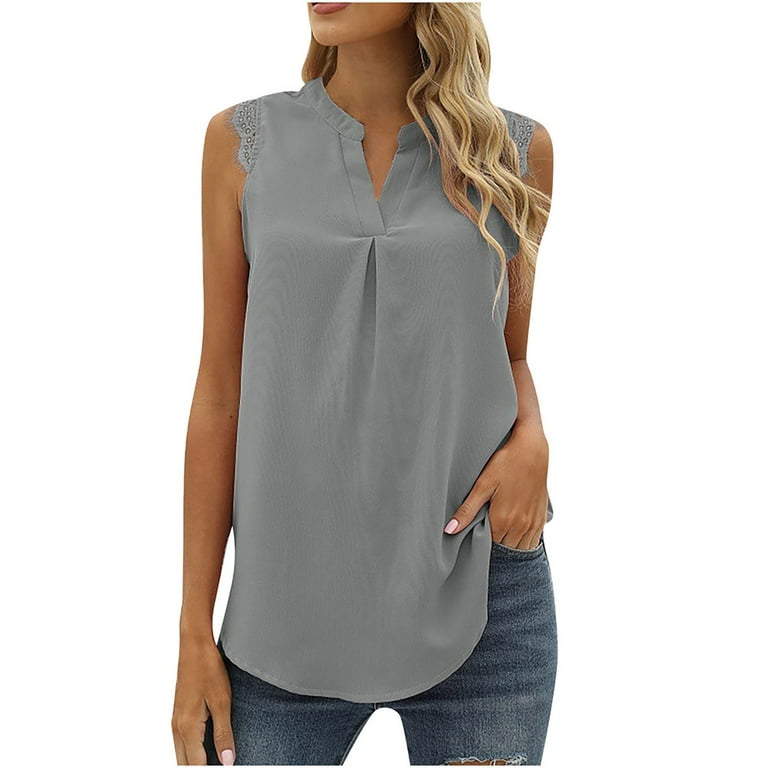 QLEICOM Womens Summer Tops Oversized T-shirts Solid Lace Sleeveless Vest  Splicing V-Neck Casual Loose Tunic Tank Tops Women Shirts Blouses Gray XL