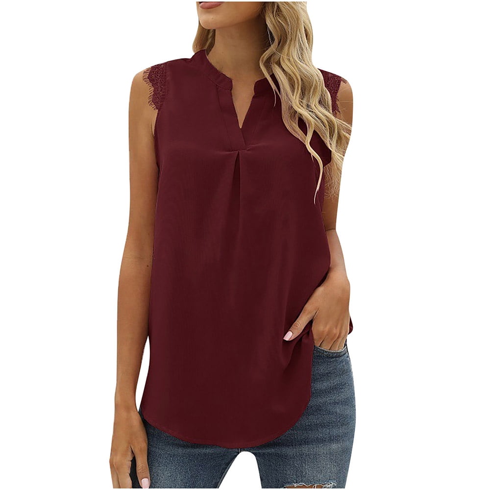 Women's Tank Top V Neck T Shirt Casual Sleeveless Shirt Loose Fit Lace  Cuffs 5009Red Wine-XXL
