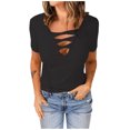 thumbnail image 1 of QLEICOM Womens Summer Tops Oversized T-shirts Solid Short Sleeve V-Neck Casual Loose Tunic Tank Tops Women Shirts Blouses Black S, 1 of 7
