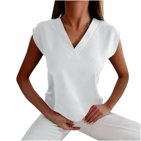 QLEICOM Womens Summer Tops Oversized T-shirts Solid Short Sleeve V-Neck Casual Loose Tunic Tank Tops Women Shirts Blouses White S