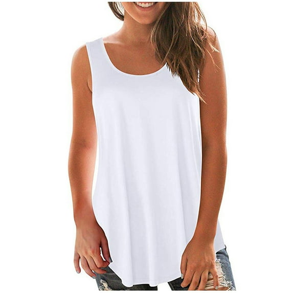 QLEICOM Womens Summer Tops Oversized T-shirts Solid Vest Round-Neck Sleeveless Casual Loose Tunic Tank Tops Women Shirts Blouses White S