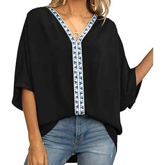 QLEICOM Womens Summer Tops Oversized T-shirts V Neck Chiffon s Batwing Short Sleeve Casual Loose Tunic Tank Tops Women Shirts Blouses Black M