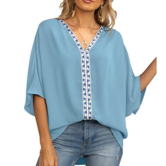 QLEICOM Womens Summer Tops Oversized T-shirts V Neck Chiffon s Batwing Short Sleeve Casual Loose Tunic Tank Tops Women Shirts Blouses Sky Blue XL