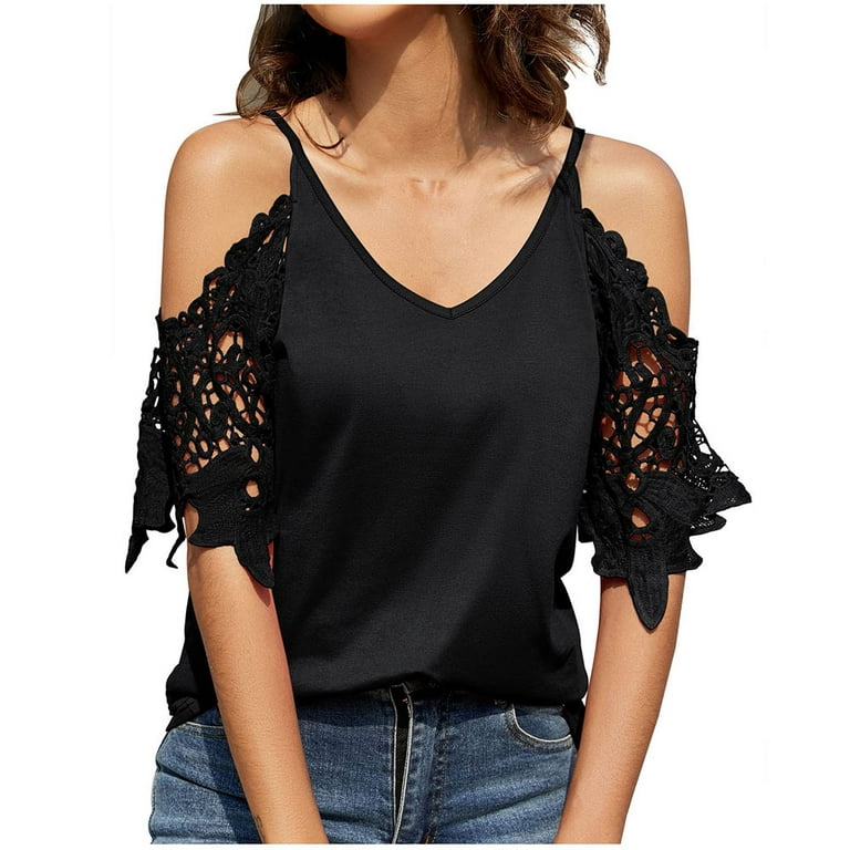 QLEICOM Womens Summer Tops Oversized T-shirts V Neck Cold Shoulder Cut Out  Lace Short Sleeve Solid Color s Casual Loose Tunic Tank Tops Women Shirts  Blouses Black XXL 