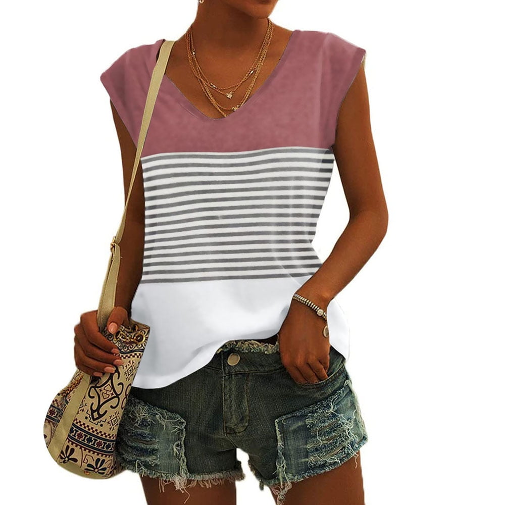 QLEICOM Womens Summer Tops Oversized T-shirts Short Sleeve Print V