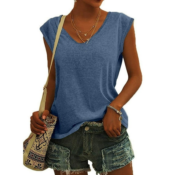 QLEICOM Womens Summer Tops Oversized T-shirts V-Neck Solid Sleeveless Casual Loose Tunic Tank Tops Women Shirts Blouses Blue S