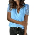 thumbnail image 1 of QLEICOM Womens Summer Tops Sexy V-Neck Lace Splicing Short Sleeve Shirts Casual Blouses Plus Size Slim Blouse Shirt Sky Blue 4XL, US Size 16, 1 of 6