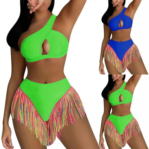 QLEICOM Womens Swimsuits,Bathing Suit for Women,Fashion Two Piece Bikini Set Halter Neck with Fringe Detail