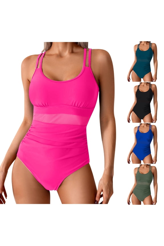 Womens Swimsuits,Bathing Suit for Women,Solid Color One Piece Swimsuit with Sheer Mesh Panels Fashion Monokini