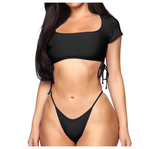 QLEICOM Womens Swimsuits Tummy Control Plus Size Swimsuit Coverup Bandeau Bandage Bikini Set Push-Up Brazilian Swimwear Beachwear Swimsuit Black M