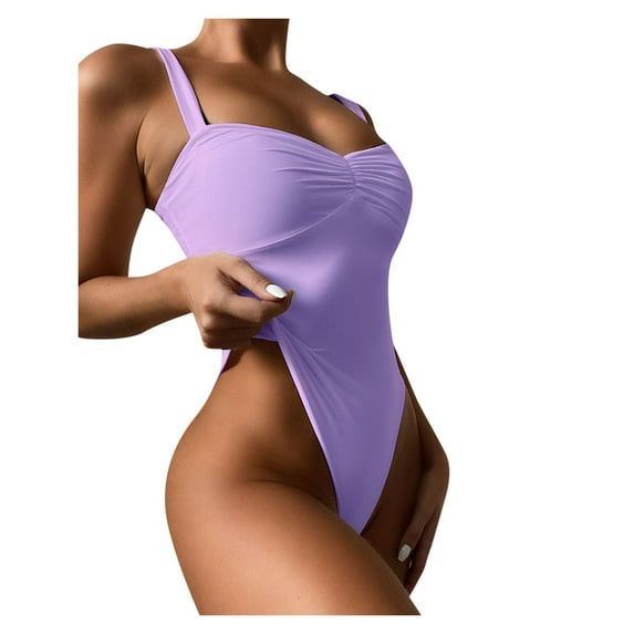 QLEICOM Womens Swimsuits Tummy Control Plus Size Swimsuit Coverup Bandeau Bandage Bikini Set Push-Up Brazilian Swimwear Beachwear Swimsuit Purple M