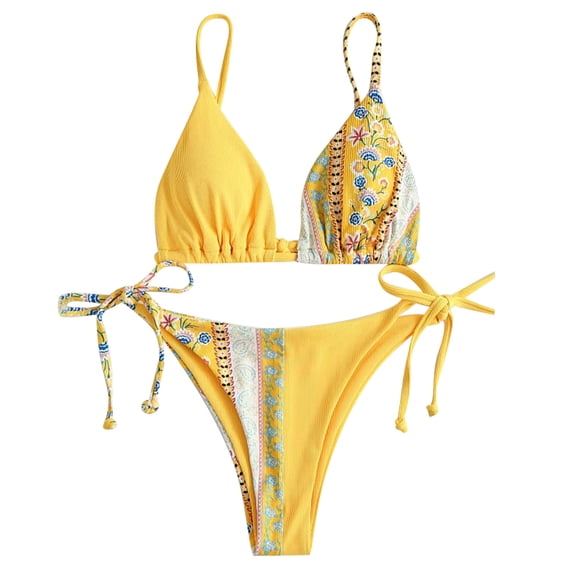 QLEICOM Womens Swimsuits Tummy Control Plus Size Swimsuit Coverup Bandeau Bandage Bikini Set Push-Up Brazilian Swimwear Beachwear Swimsuit Yellow M