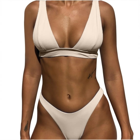 QLEICOM Womens Swimsuits Tummy Control Plus Size Swimsuit Coverup Fashion Bikini Set Swimsuit Two Piece Filled Soild Swimwear Beachwear Beige L