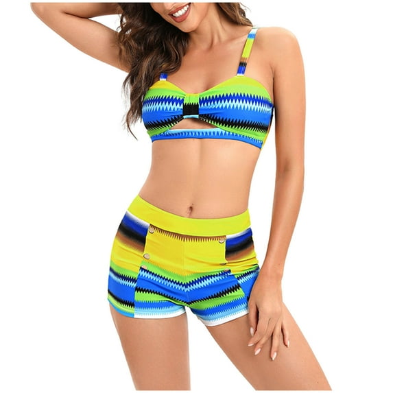 QLEICOM Womens Swimsuits Tummy Control Plus Size Swimsuit Coverup Fashion Multicolor Gradient Color Print Hollow Out Split Boxer Pants Swimsuit Yellow M