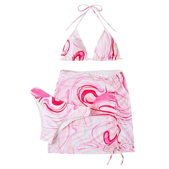 QLEICOM Womens Swimsuits Tummy Control Plus Size Swimsuit Coverup Fashion Split Swimsuit Show Waist Stripe Sexy Bikini Three-Piece Suit Red L