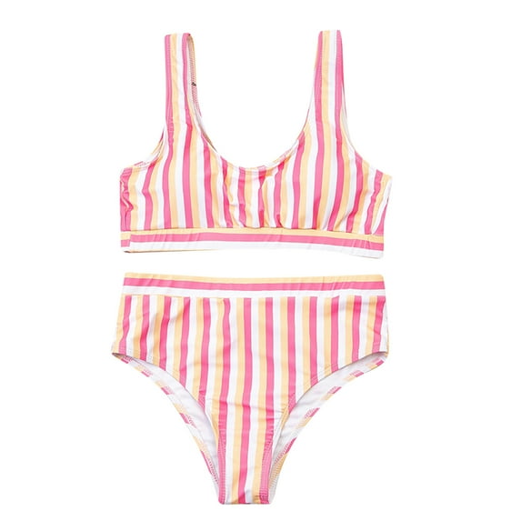 QLEICOM Womens Swimsuits Tummy Control Plus Size Swimsuit Coverup Multicolor Stripe Bikini Set Push-Up Brazilian Swimwear Beachwear Swimsuit Pink M