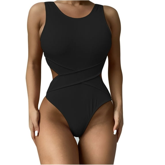 QLEICOM Womens Swimsuits Tummy Control Plus Size Swimsuit Coverup One-Piece Round Neck Solid Bikini Push-Up Pad Swimwear Swimsuit Beachwear Black L
