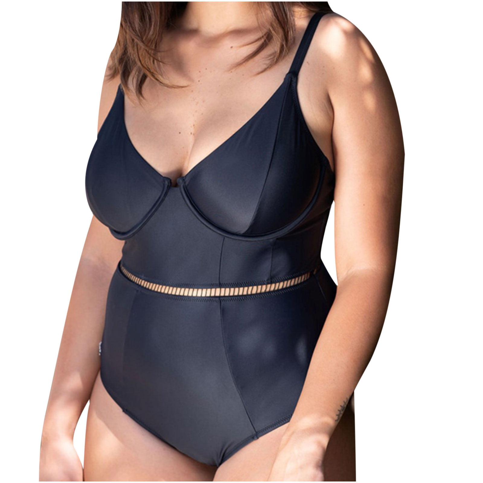 QLEICOM Womens Swimsuits Tummy Control Plus Size Swimsuit Coverup One-Piece  Suspender Swimsuit With One-Piece Steel Strap Support And Breast Pad Black