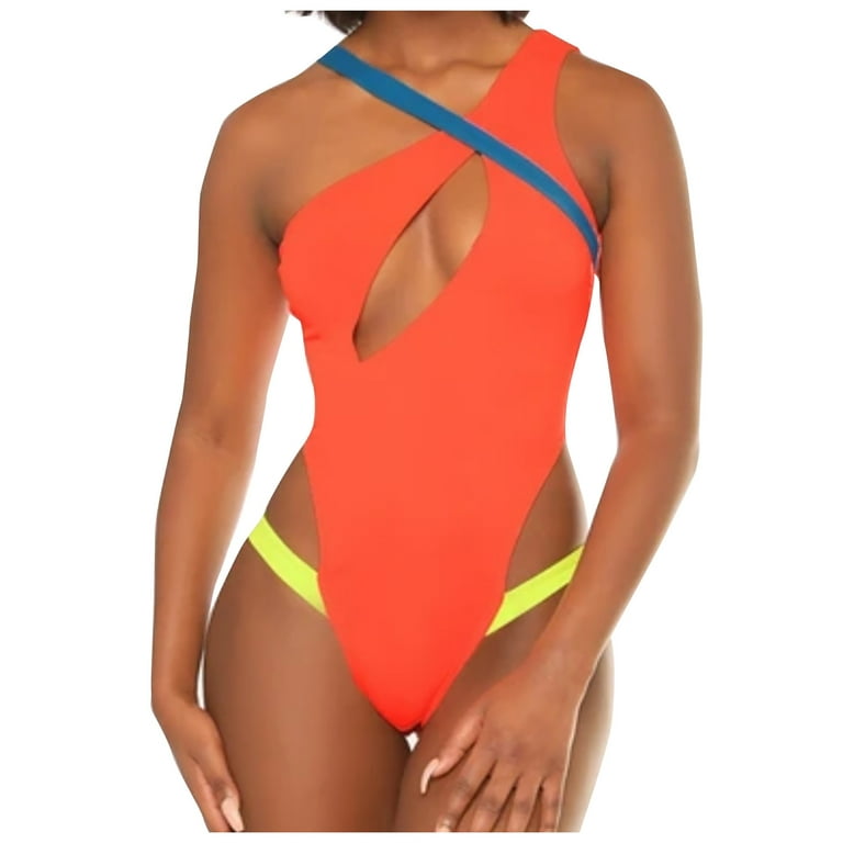 QLEICOM Womens Swimsuits Tummy Control Plus Size Swimsuit Coverup One-Piece  Swimwear Leopard Hollow Swimsuit Bikini Swimming Beachwear Orange M 