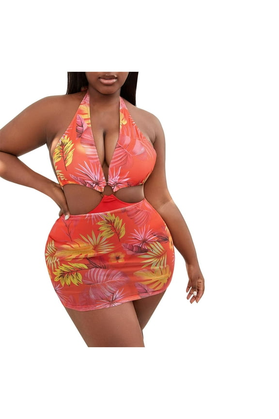 Womens Swimsuits Tummy Control Plus Size Swimsuit Coverup Printed Sleeveless Sexy Siamese Tight Swimsuit Orange 4XL