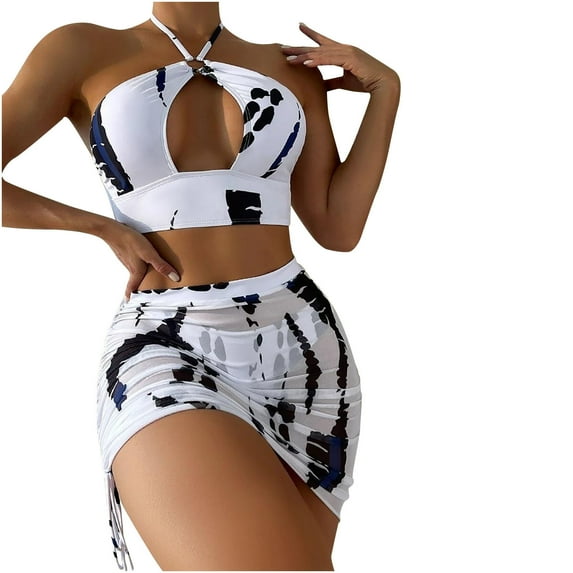 QLEICOM Womens Swimsuits Tummy Control Plus Size Swimsuit Coverup Sexy Apron Print Strappy Back Set Three Piece Bikinis Swimsuits Black XL