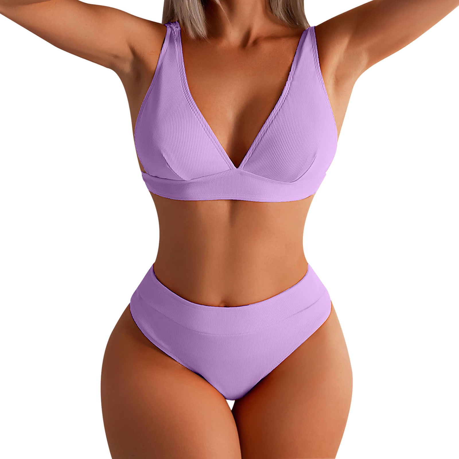 QLEICOM Womens Swimsuits Tummy Control Plus Size Swimsuit Coverup Sexy  Bikini Solid Set Swimsuit Two Piece Filled Bra Swimwear Beachwear Purple M