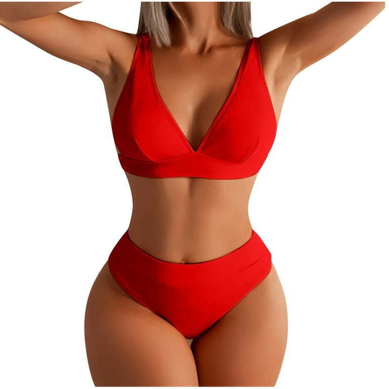 QLEICOM Womens Swimsuits Tummy Control Plus Size Swimsuit Coverup Sexy  Bikini Solid Set Swimsuit Two Piece Filled Bra Swimwear Beachwear Red M