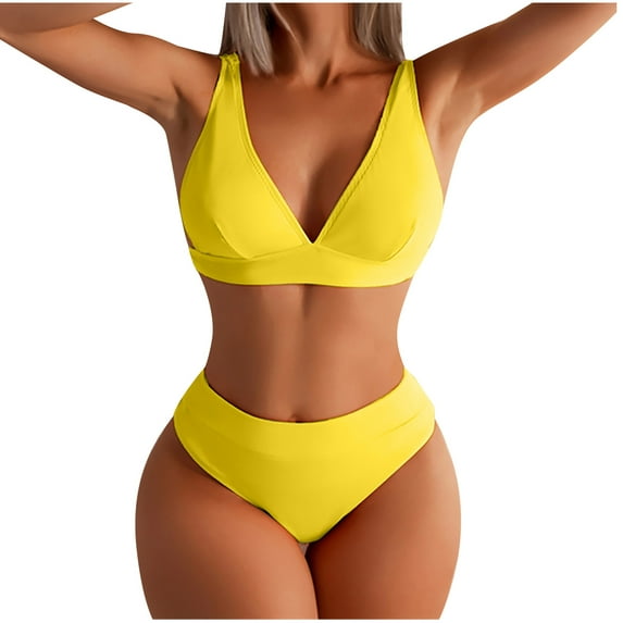 QLEICOM Womens Swimsuits Tummy Control Plus Size Swimsuit Coverup Sexy Bikini Solid Set Swimsuit Two Piece Filled Bra Swimwear Beachwear Yellow XL