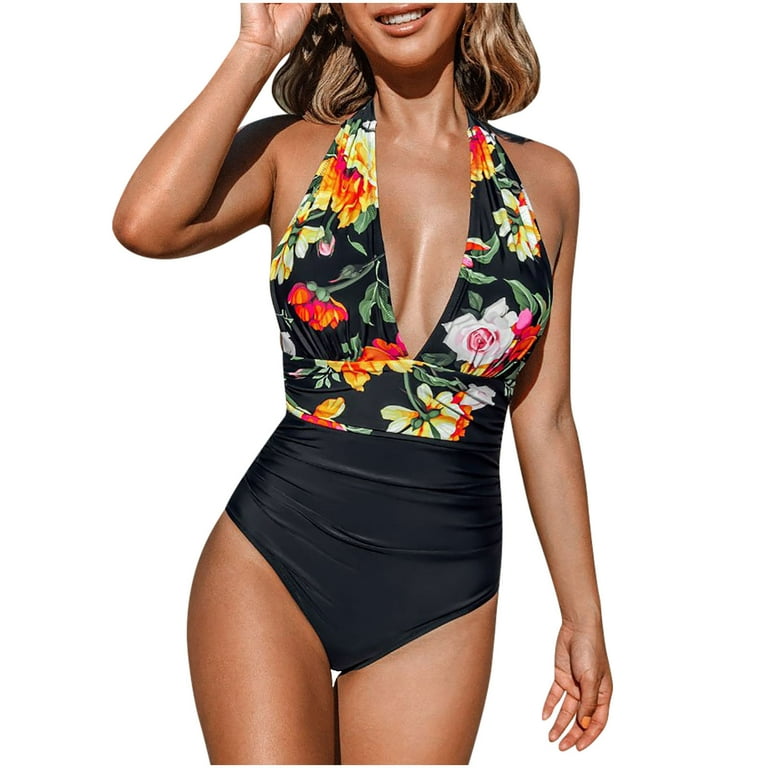 QLEICOM Womens Swimsuits Tummy Control Plus Size Swimsuit Coverup Sexy  Print Bikini Swimsuit Filled Bra One-Piece Swimwear Beachwear Black XL 