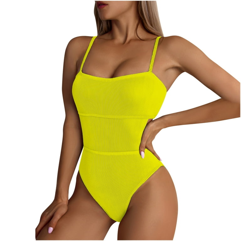 QLEICOM Womens Swimsuits Tummy Control Plus Size Swimsuit Coverup Sexy  Sling One-Piece Swimsuit Bikini Fashion Swimsuit Yellow M 